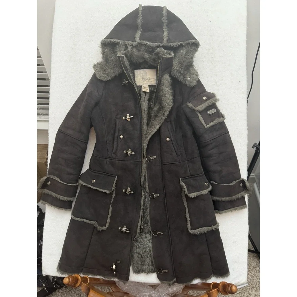 VTG Pepe Jeans Reverse Shearling Faux Fur Toggle Coat Womens M‎ Black Y2K RARE
